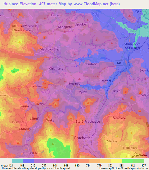 Husinec,Czech Republic Elevation Map