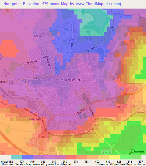 Humpolec,Czech Republic Elevation Map