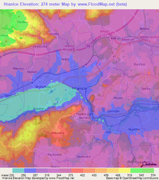Hranice,Czech Republic Elevation Map