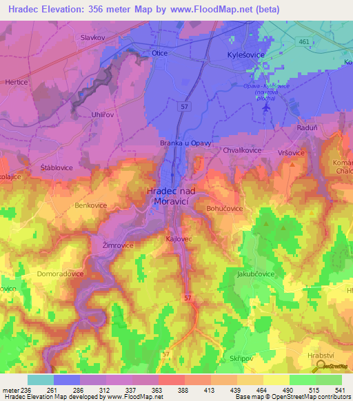 Hradec,Czech Republic Elevation Map
