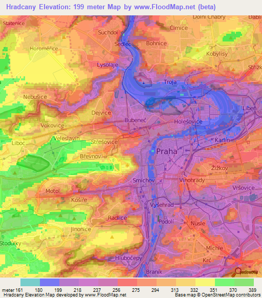 Hradcany,Czech Republic Elevation Map