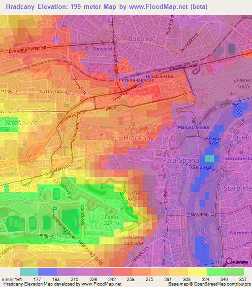 Hradcany,Czech Republic Elevation Map