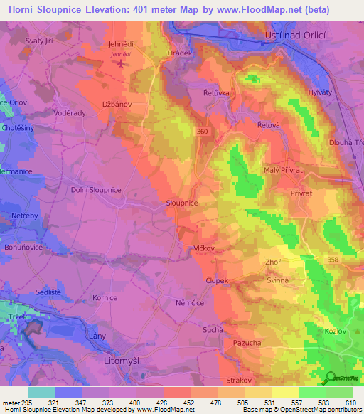 Horni Sloupnice,Czech Republic Elevation Map