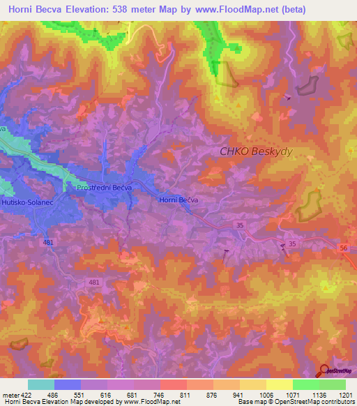 Horni Becva,Czech Republic Elevation Map