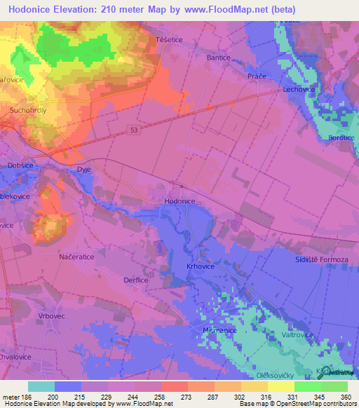 Hodonice,Czech Republic Elevation Map