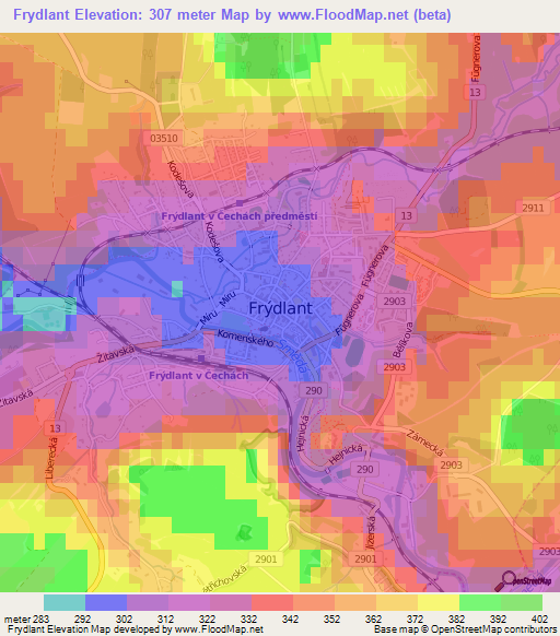 Frydlant,Czech Republic Elevation Map