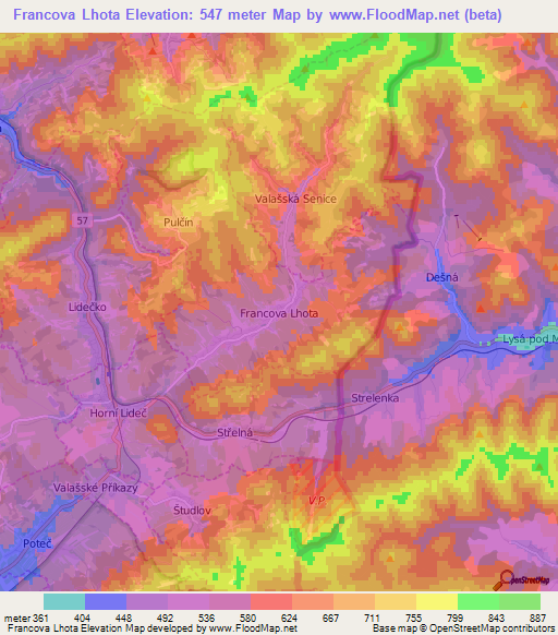 Francova Lhota,Czech Republic Elevation Map