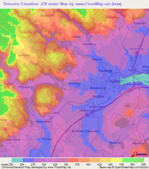 Drnovice,Czech Republic Elevation Map
