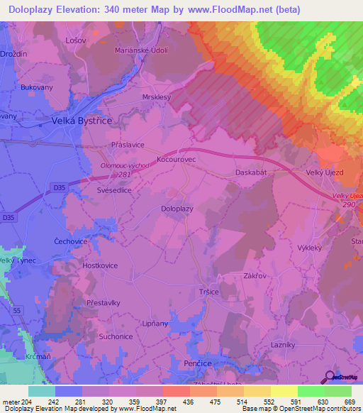 Doloplazy,Czech Republic Elevation Map