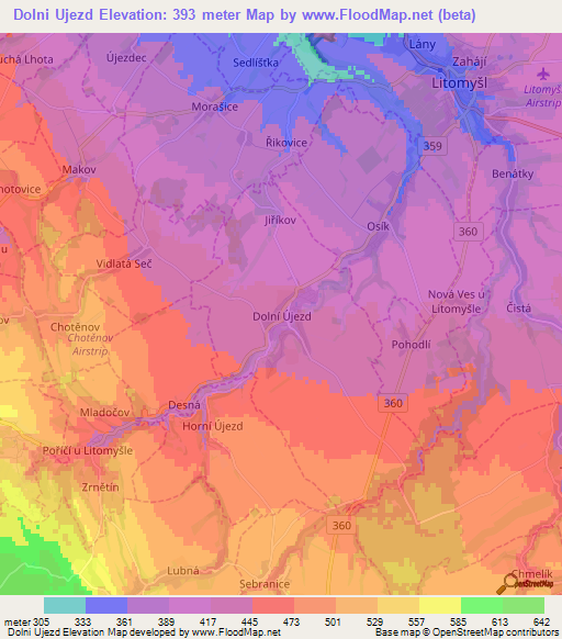 Dolni Ujezd,Czech Republic Elevation Map