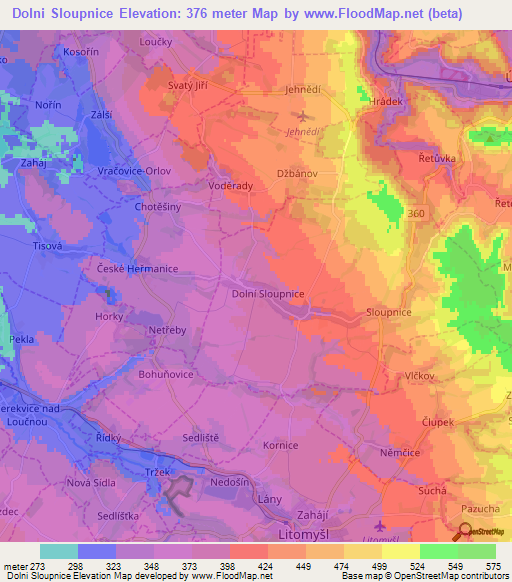 Dolni Sloupnice,Czech Republic Elevation Map