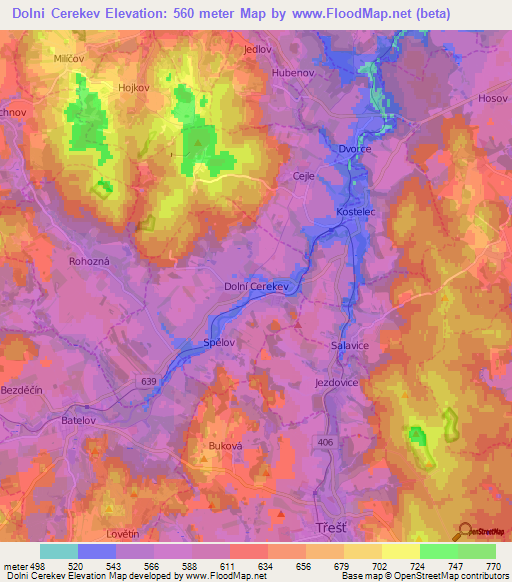 Dolni Cerekev,Czech Republic Elevation Map