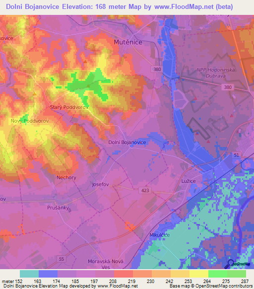 Dolni Bojanovice,Czech Republic Elevation Map