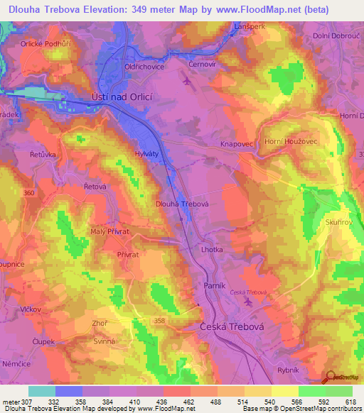 Dlouha Trebova,Czech Republic Elevation Map