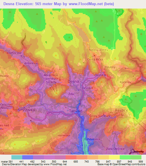 Desna,Czech Republic Elevation Map