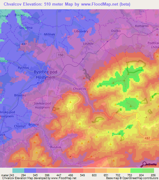 Chvalcov,Czech Republic Elevation Map