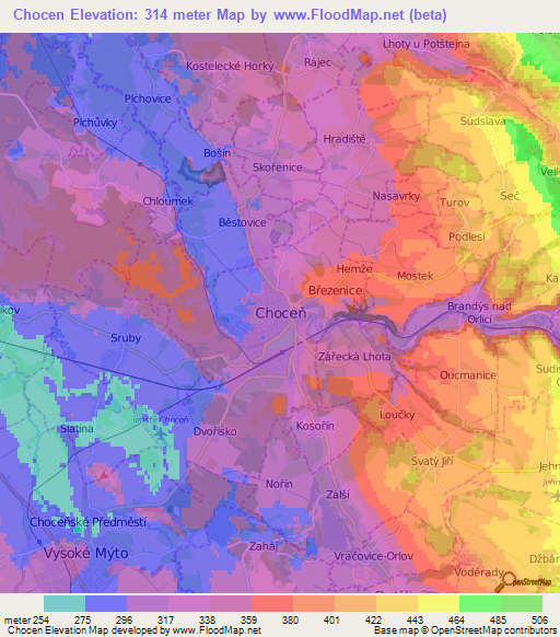 Chocen,Czech Republic Elevation Map