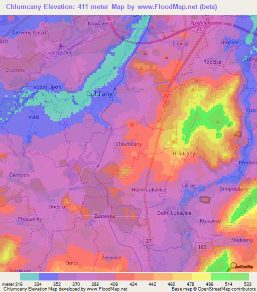 Chlumcany,Czech Republic Elevation Map