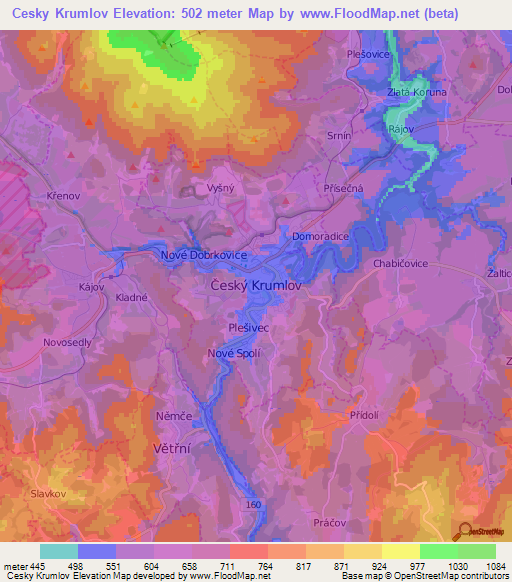 Cesky Krumlov,Czech Republic Elevation Map