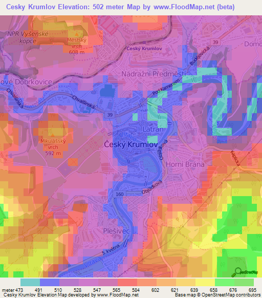 Cesky Krumlov,Czech Republic Elevation Map