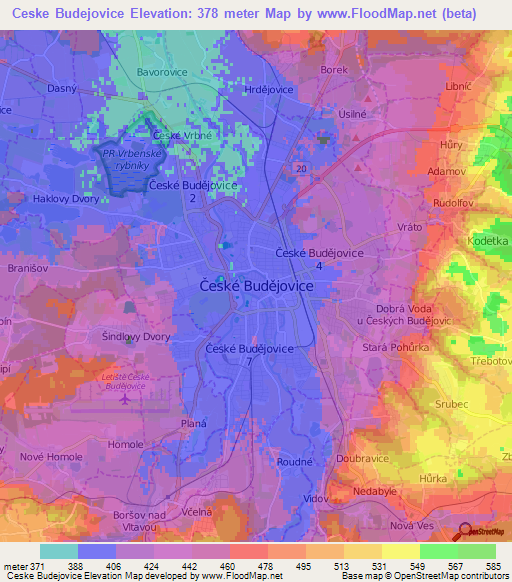 Ceske Budejovice,Czech Republic Elevation Map