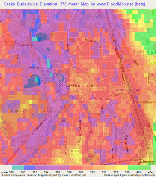 Ceske Budejovice,Czech Republic Elevation Map