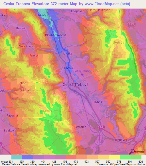 Ceska Trebova,Czech Republic Elevation Map