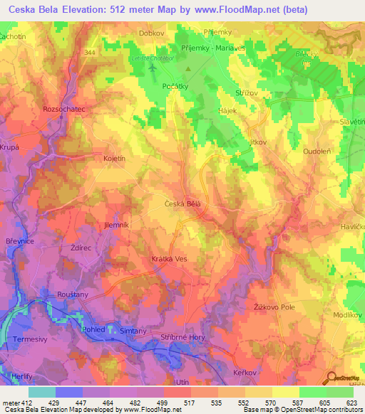Ceska Bela,Czech Republic Elevation Map