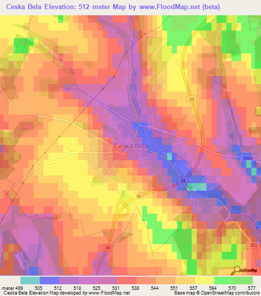 Ceska Bela,Czech Republic Elevation Map