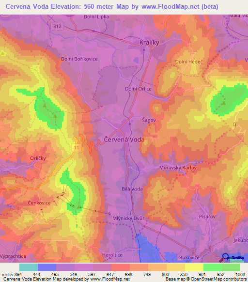 Cervena Voda,Czech Republic Elevation Map