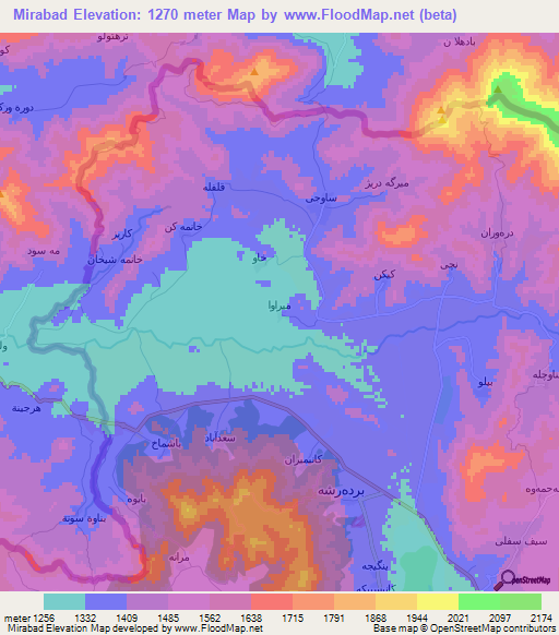Mirabad,Iran Elevation Map