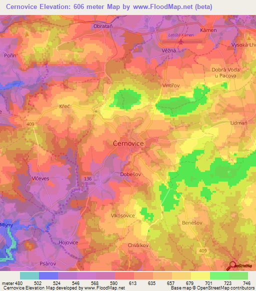Cernovice,Czech Republic Elevation Map