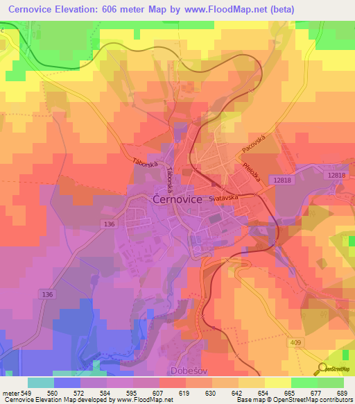 Cernovice,Czech Republic Elevation Map