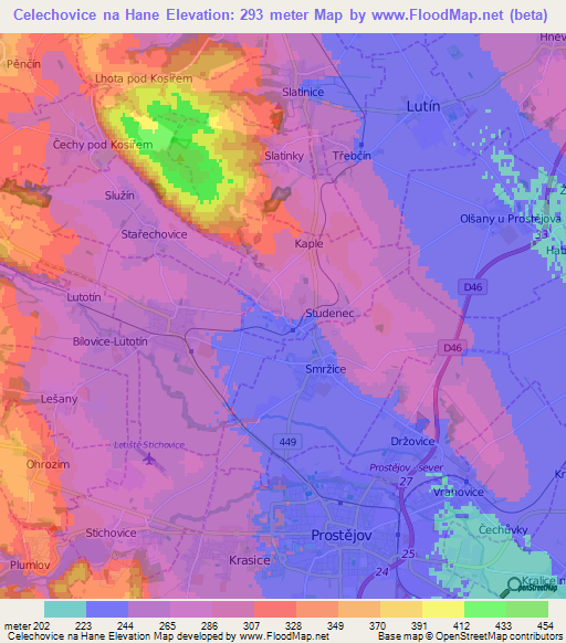 Celechovice na Hane,Czech Republic Elevation Map