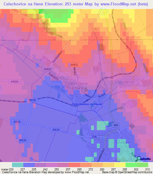 Celechovice na Hane,Czech Republic Elevation Map
