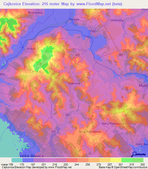 Cejkovice,Czech Republic Elevation Map