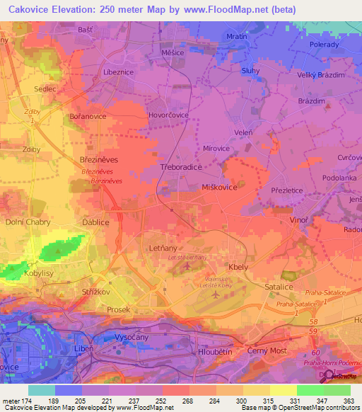Cakovice,Czech Republic Elevation Map