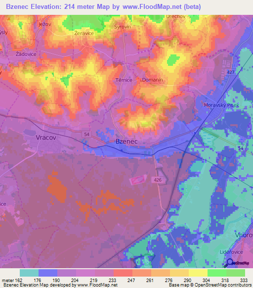 Bzenec,Czech Republic Elevation Map