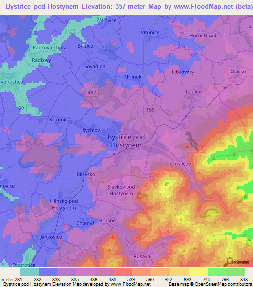 Bystrice pod Hostynem,Czech Republic Elevation Map