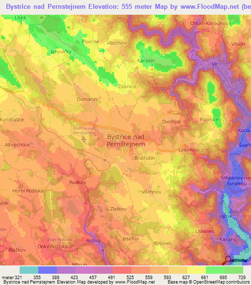 Bystrice nad Pernstejnem,Czech Republic Elevation Map