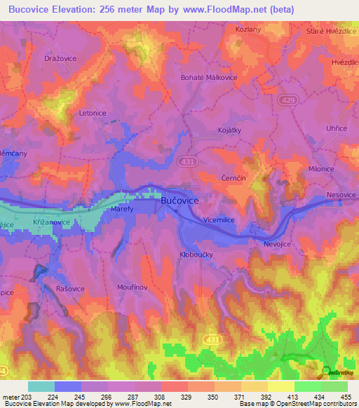 Bucovice,Czech Republic Elevation Map