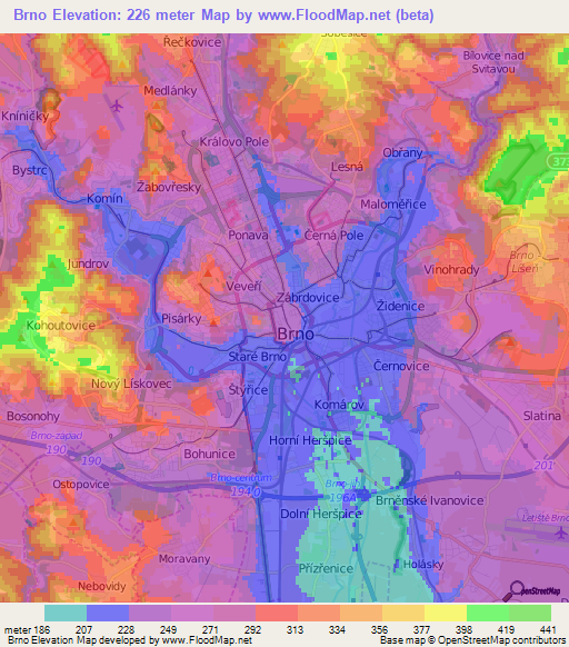 Brno,Czech Republic Elevation Map