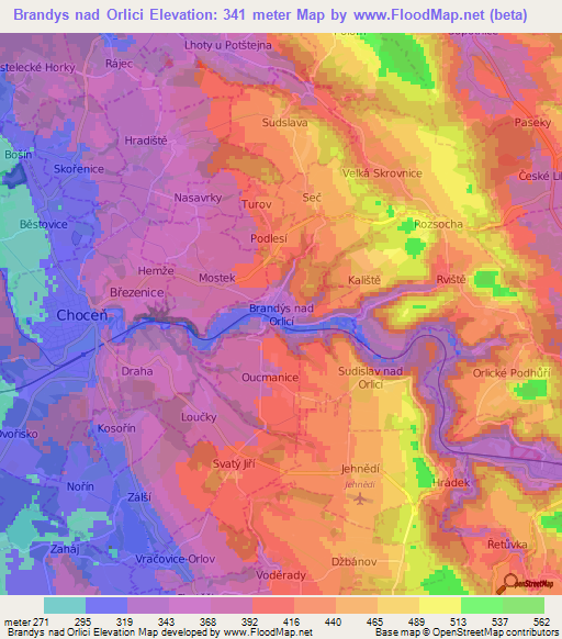 Brandys nad Orlici,Czech Republic Elevation Map