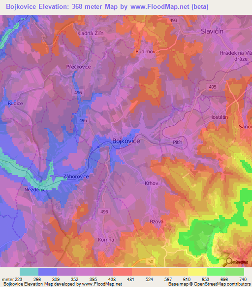 Bojkovice,Czech Republic Elevation Map
