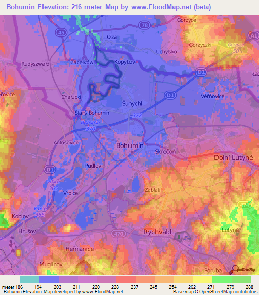 Bohumin,Czech Republic Elevation Map