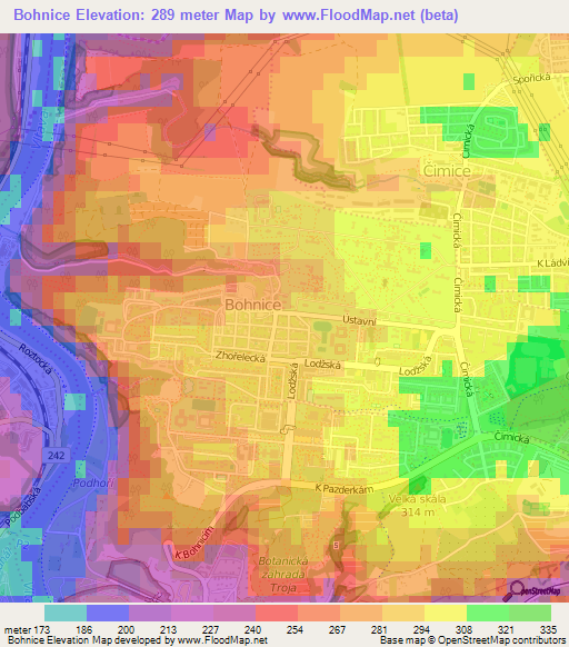 Bohnice,Czech Republic Elevation Map