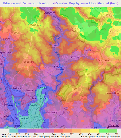 Bilovice nad Svitavou,Czech Republic Elevation Map