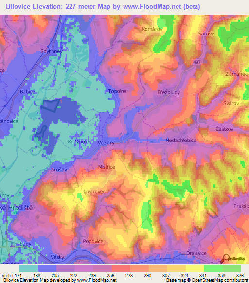Bilovice,Czech Republic Elevation Map