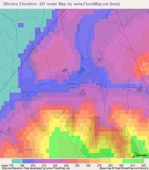 Bilovice,Czech Republic Elevation Map