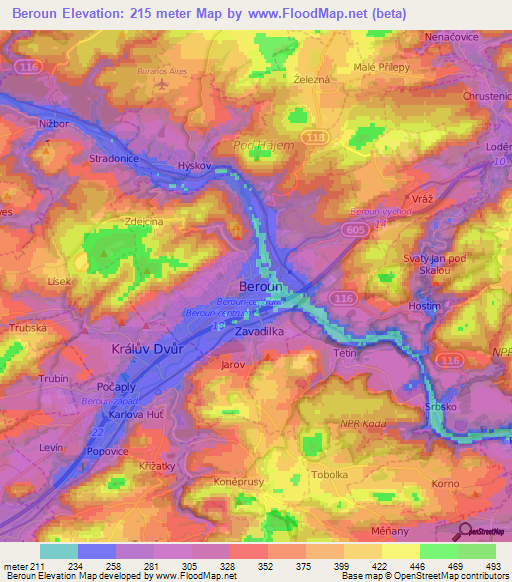 Beroun,Czech Republic Elevation Map